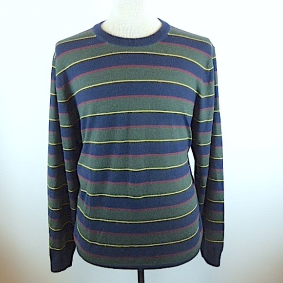Brooks Brothers blue green stripe merino wool rugby crew neck sweater L preppy - Picture 1 of 5